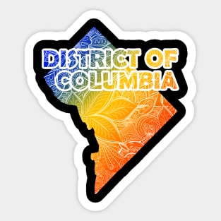 Colorful mandala art map of District of Columbia with text in blue, yellow, and red Sticker